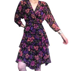 90s Notations Ruffle MIDI Dress Purple Pink Black Floral Quarter Sleeve 6 Medium